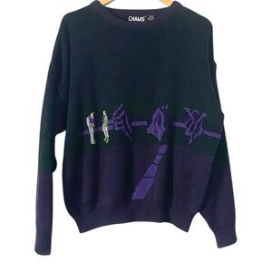 Vintage Chams Black green Purple Sweater golfers knit sweater size Large